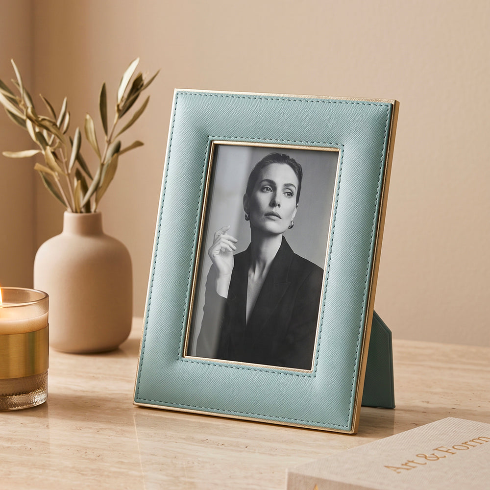 Light Blue Handcrafted Faux Leather Photo Frame with Gold Accents - Small