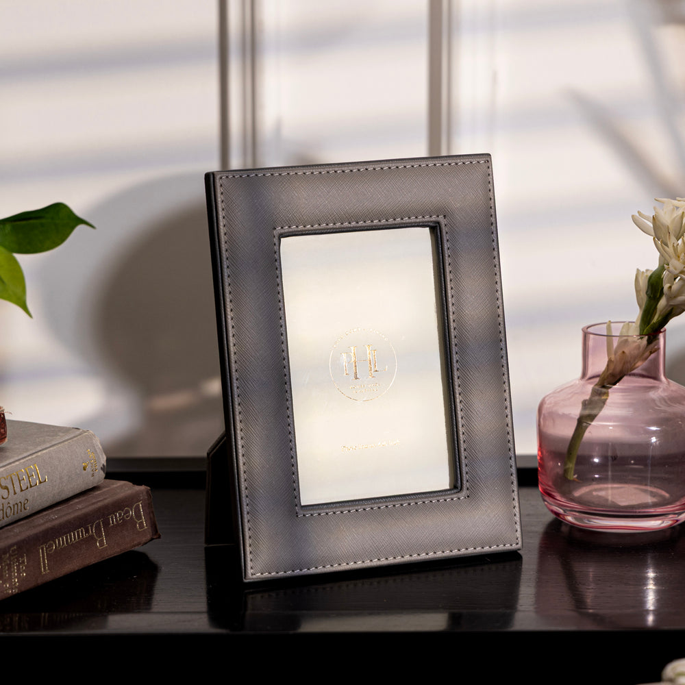 Light Grey Handcrafted Faux Leather Photo Frame with Gold Accents - Small
