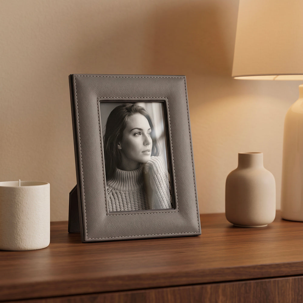 Light Grey Handcrafted Faux Leather Photo Frame with Gold Accents - Small