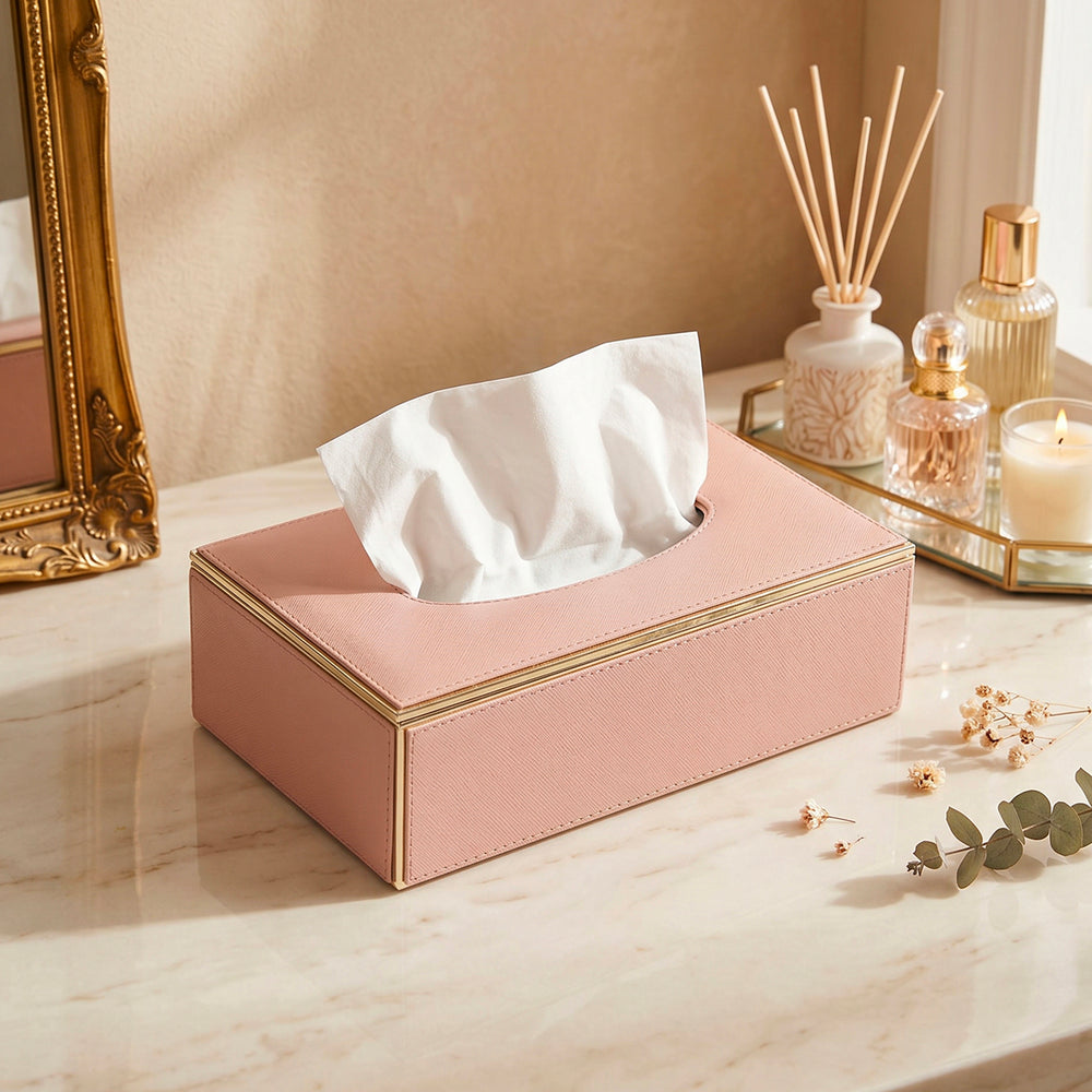 Pink Handcrafted Faux Leather Tissue Box with Gold Accents