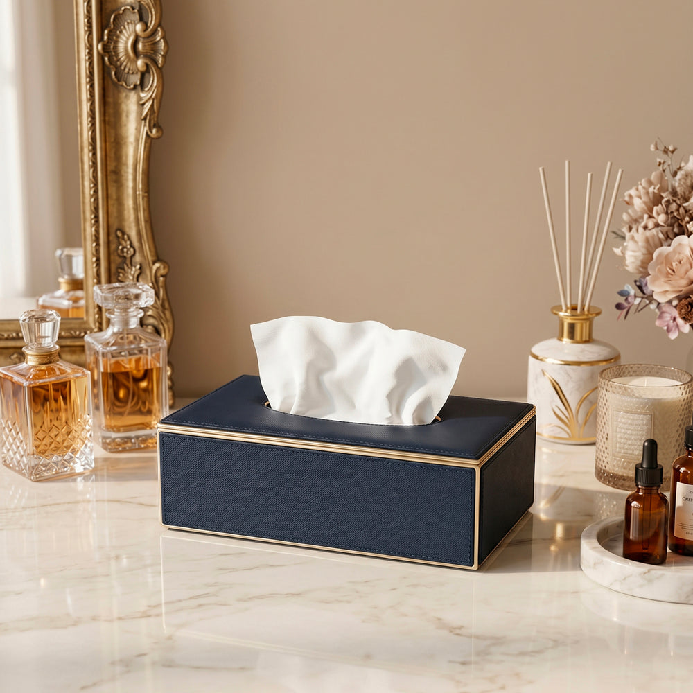 Blue Handcrafted Faux Leather Tissue Box with Gold Accents