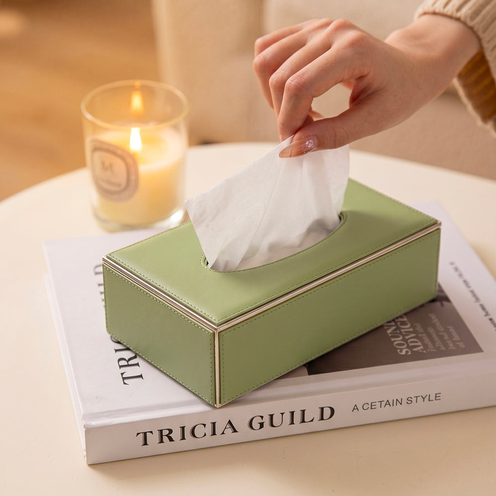 Green Handcrafted Faux Leather Tissue Box with Gold Accents