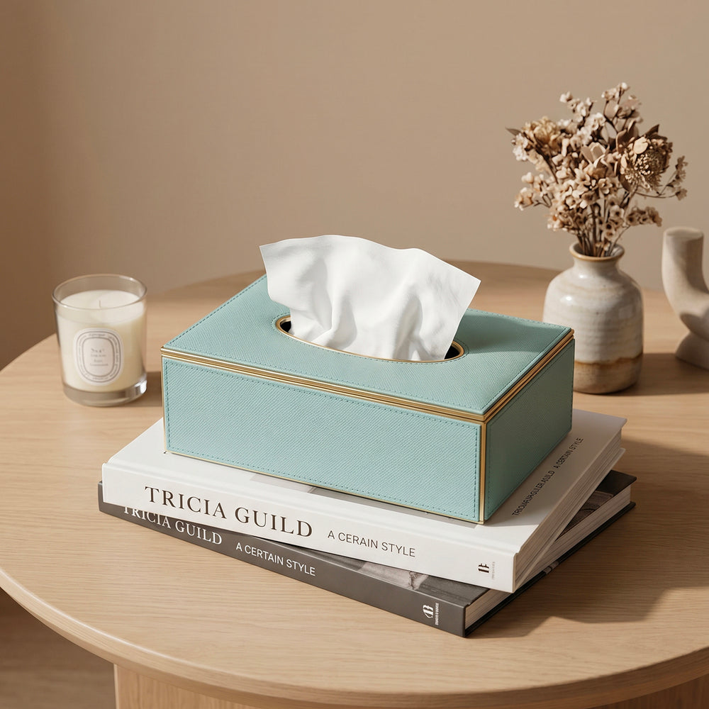 Light Blue Handcrafted Faux Leather Tissue Box with Gold Accents