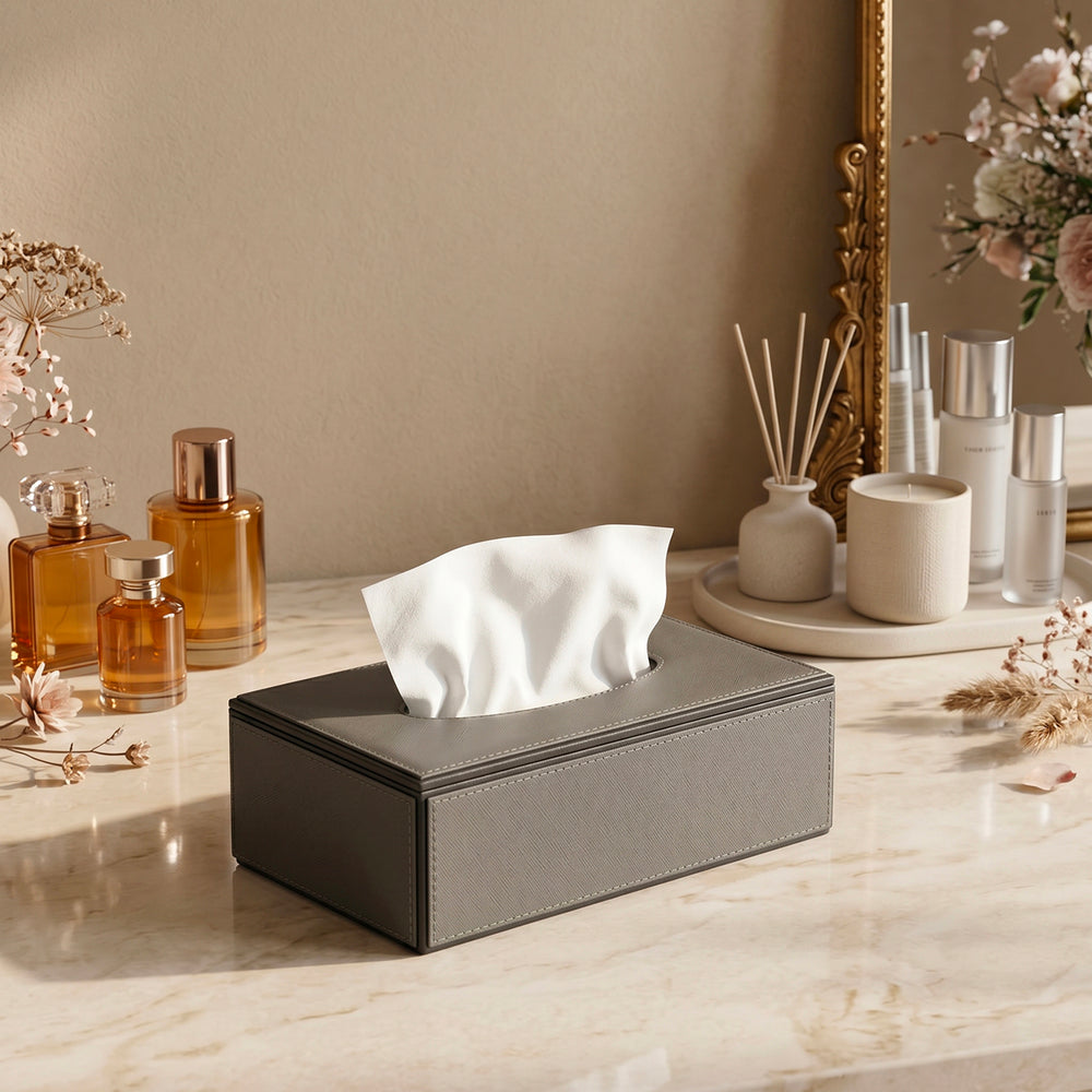 Light Grey Handcrafted Faux Leather Tissue Box with Gold Accents