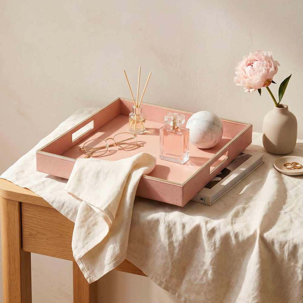 Pink Handcrafted Faux Leather Square Tray with Gold Accents
