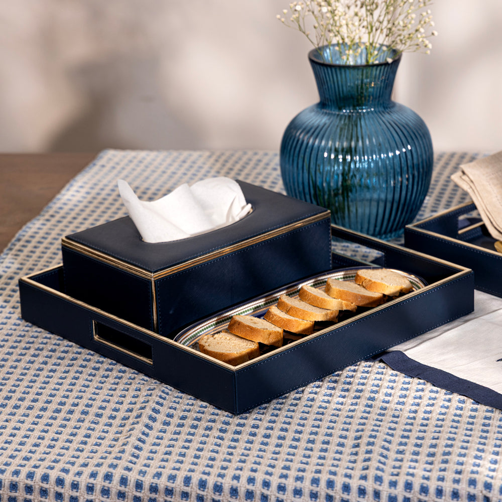 Blue Handcrafted Faux Leather Square Tray with Gold Accents
