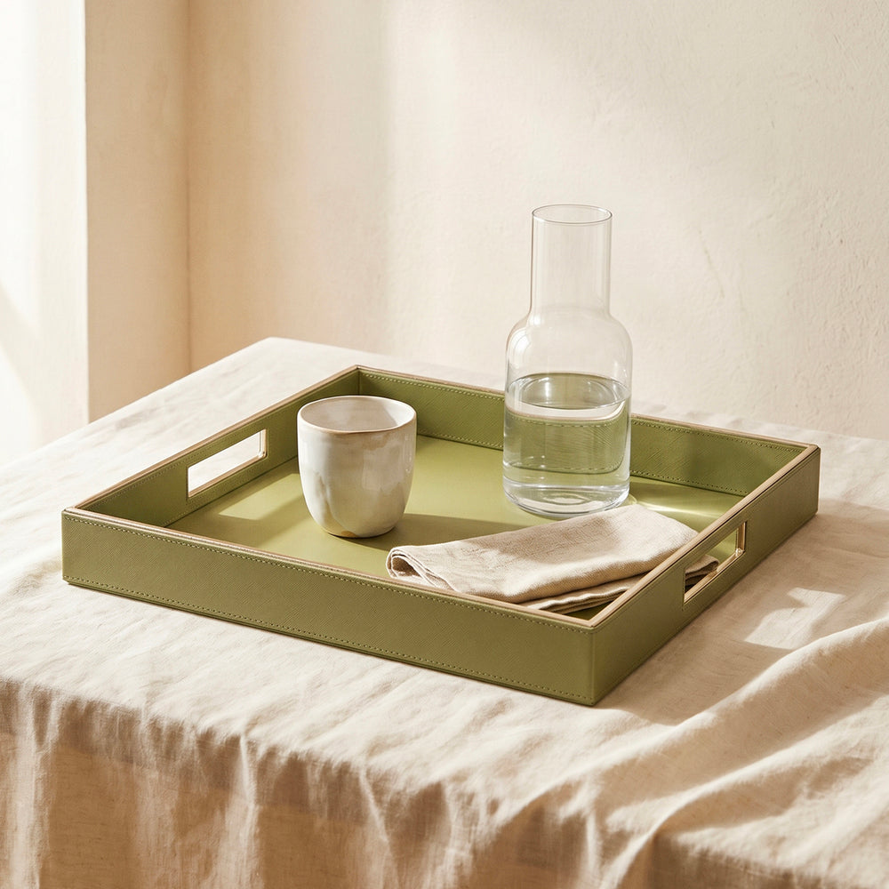 Green Handcrafted Faux Leather Square Tray with Gold Accents