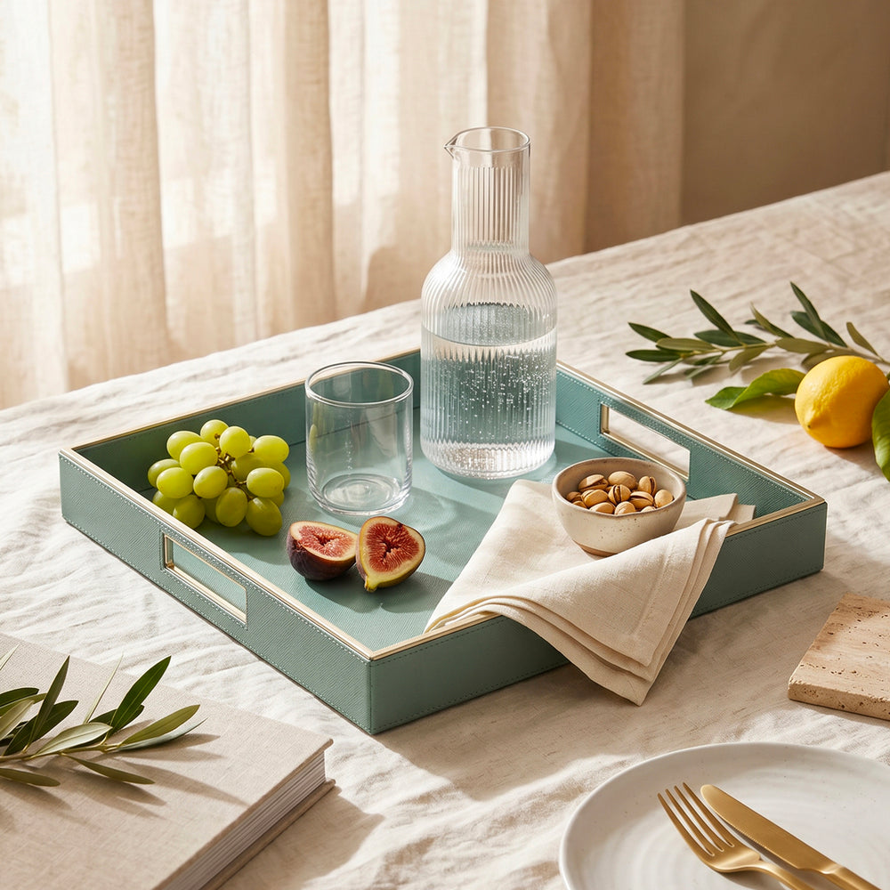 Light Blue Handcrafted Faux Leather Square Tray with Gold Accents