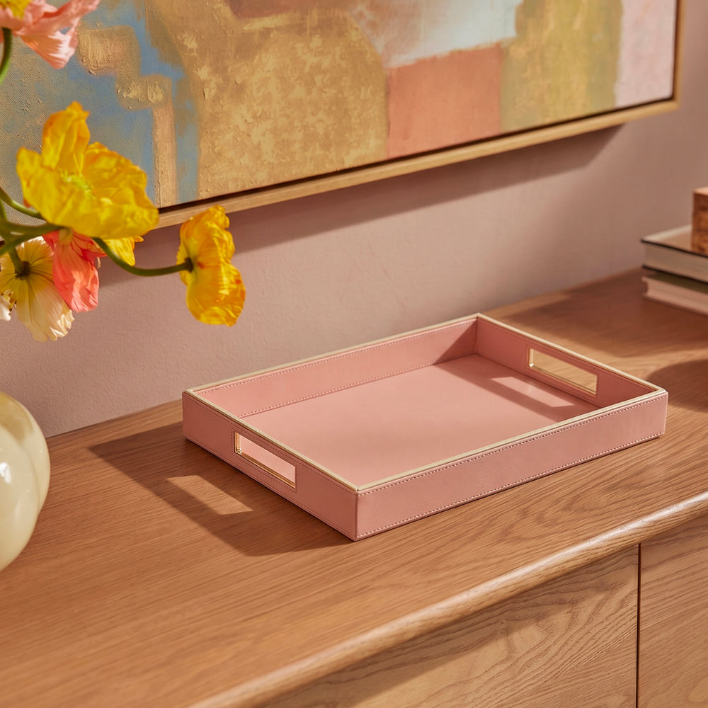 Pink Handcrafted Faux Leather Rectangular Tray with Gold Accents