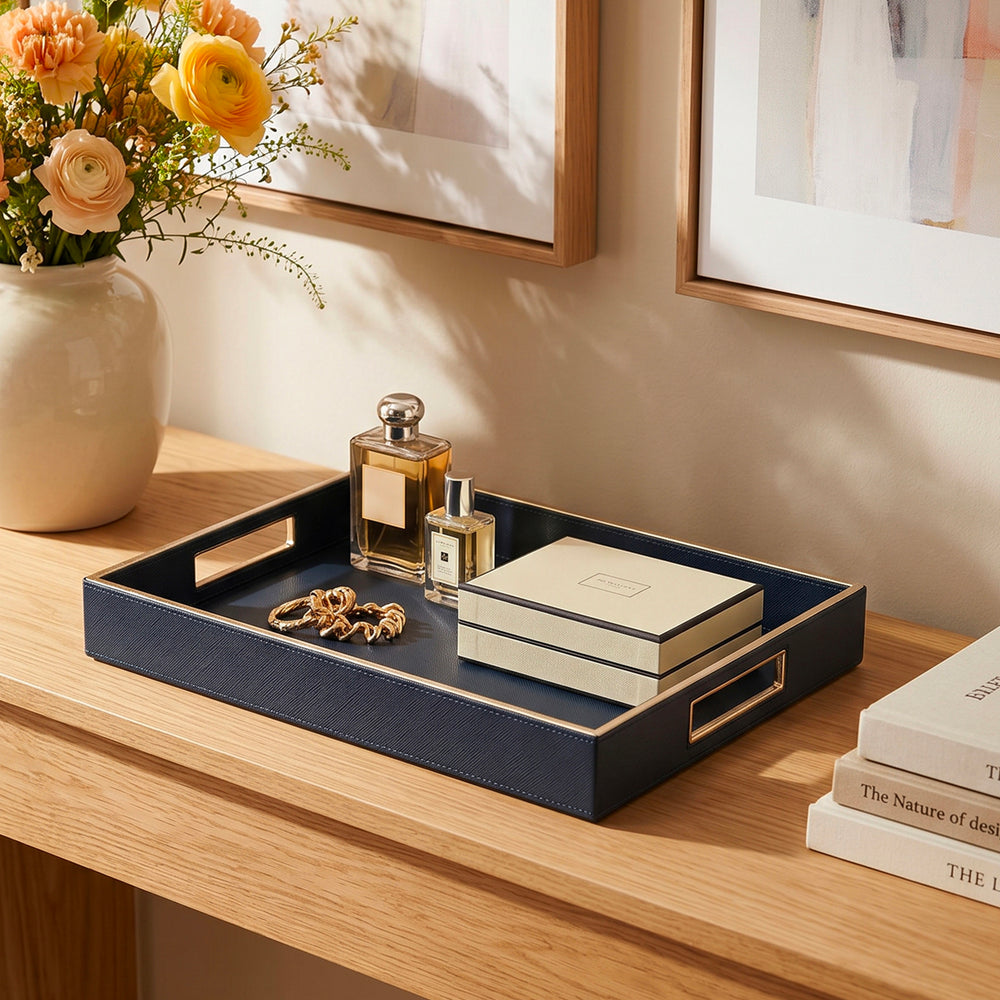 Blue Handcrafted Faux Leather Rectangular Tray with Gold Accents