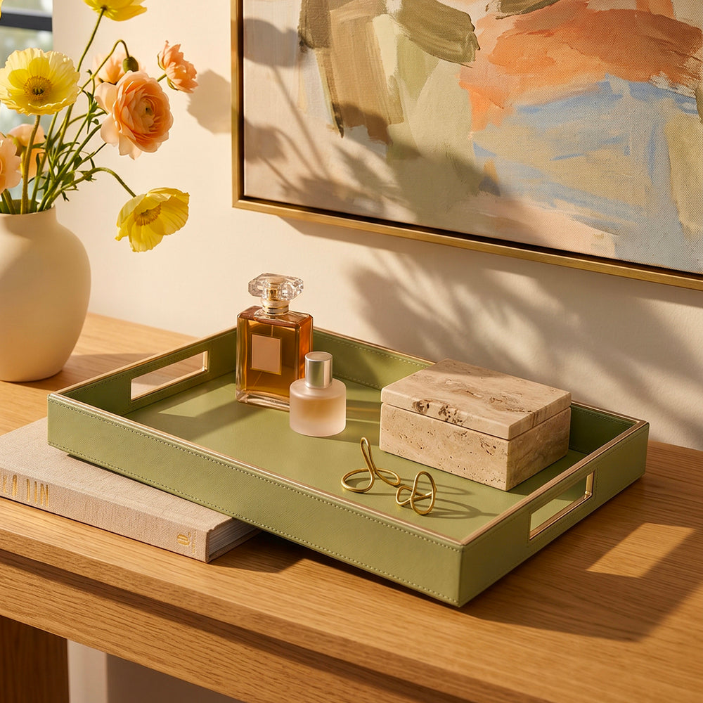 Green Handcrafted Faux Leather Rectangular Tray with Gold Accents