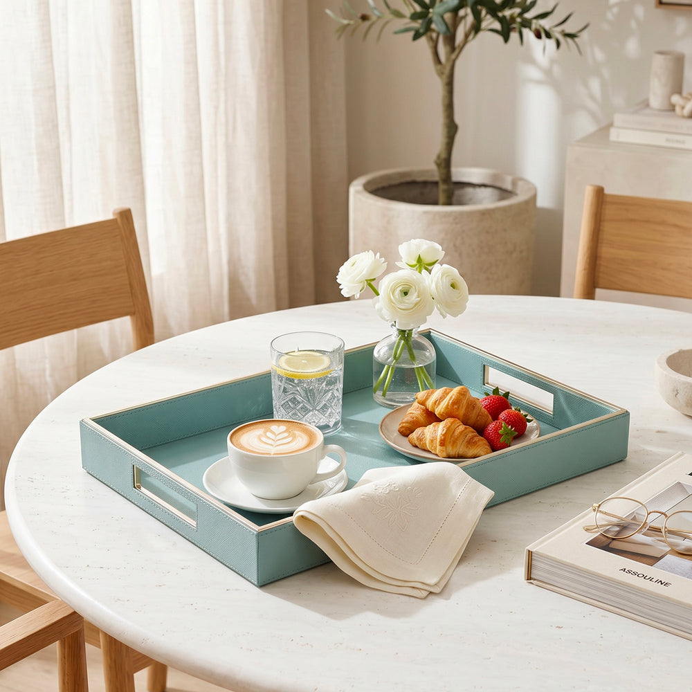 Light Blue Handcrafted Faux Leather Rectangular Tray with Gold Accents