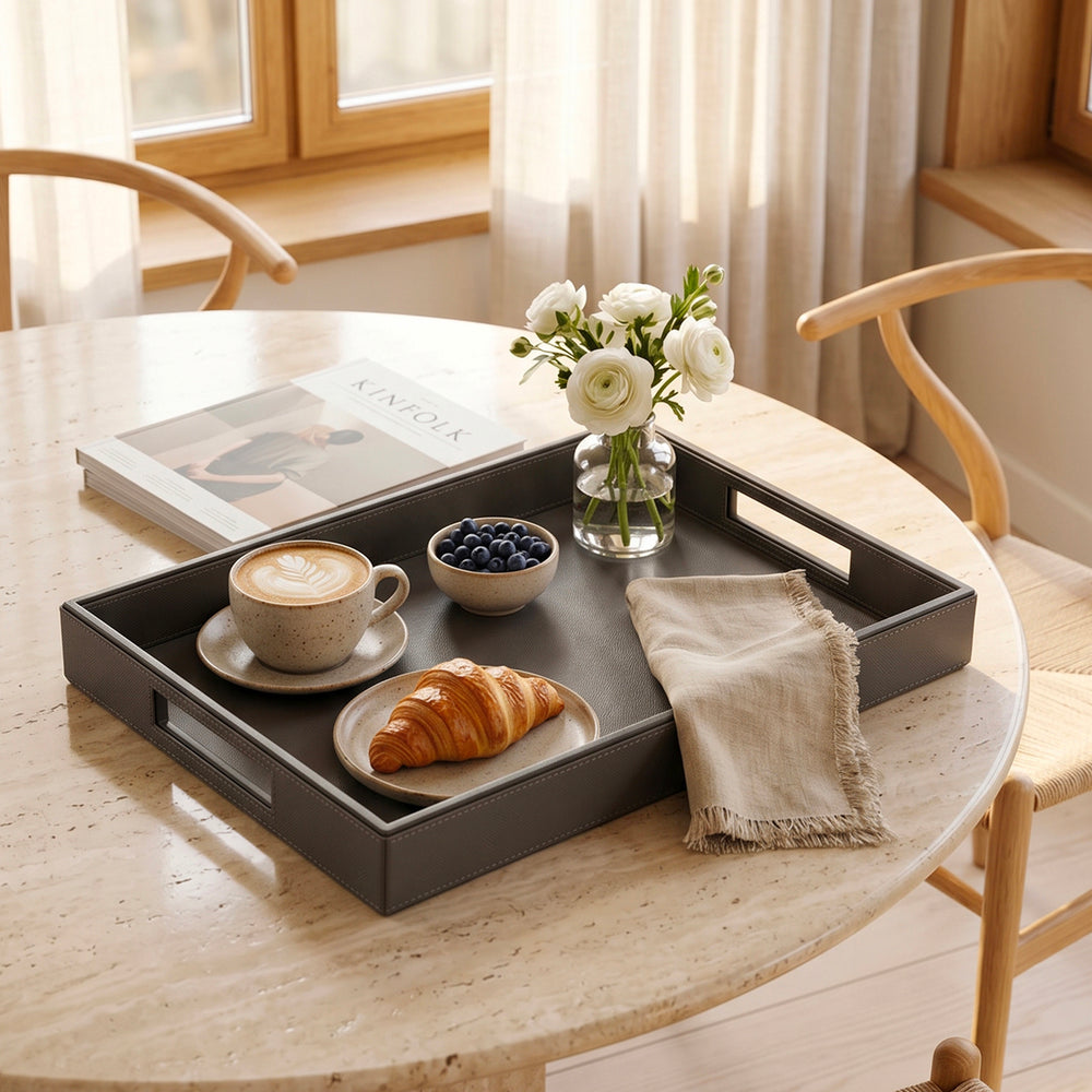 Light Grey Handcrafted Faux Leather Rectangular Tray with Gold Accents