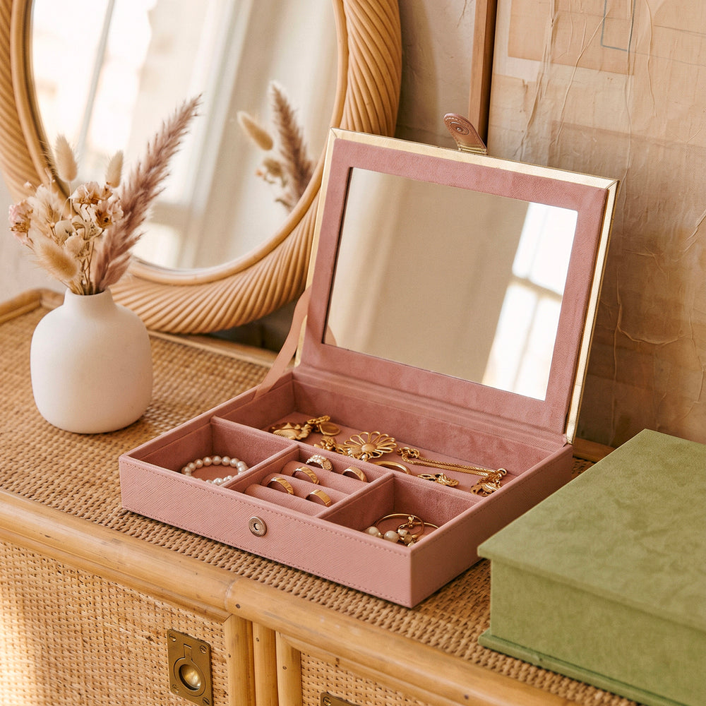 Pink Handcrafted Faux Leather Jewellery Box with Gold Accents
