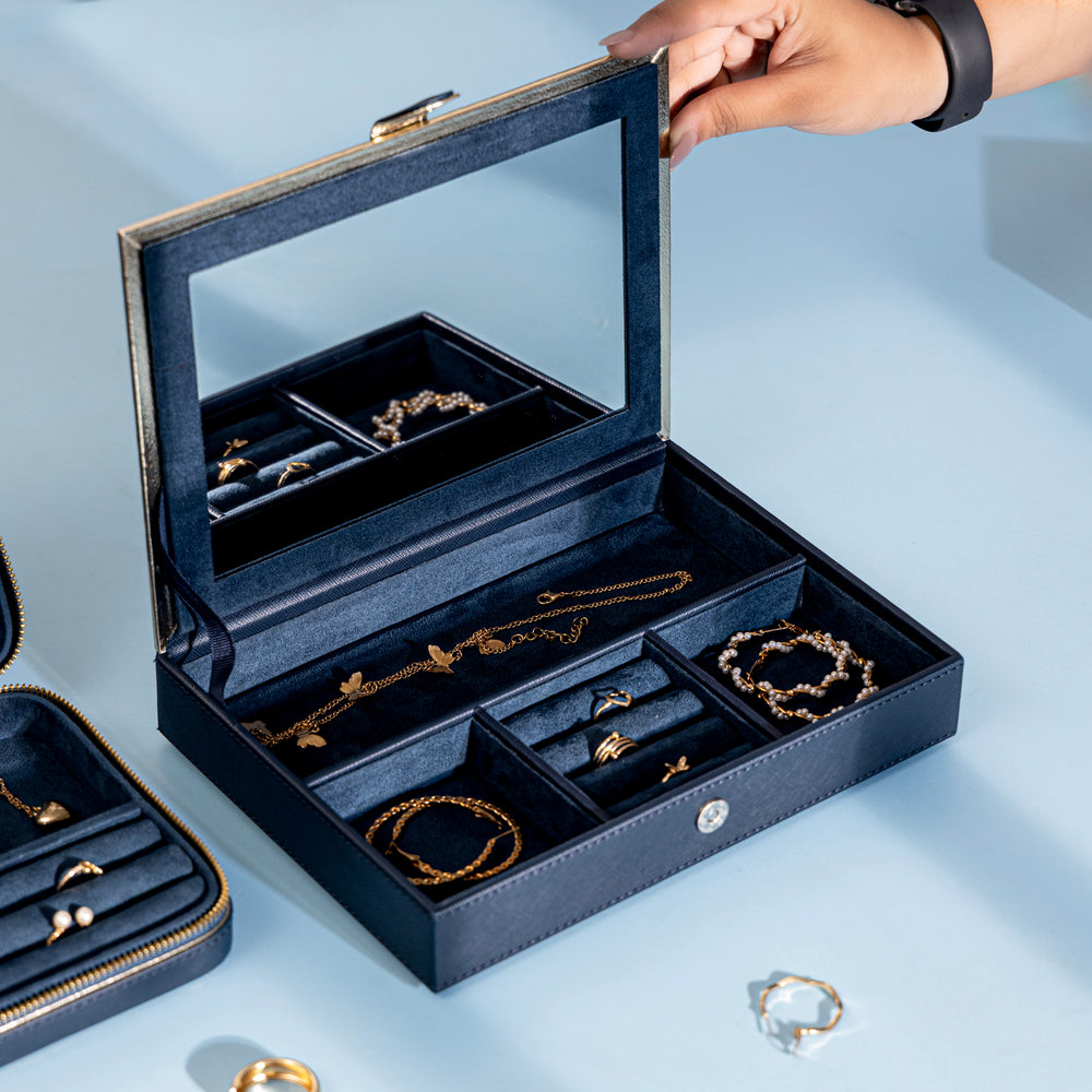 Blue Handcrafted Faux Leather Jewellery Box with Gold Accents