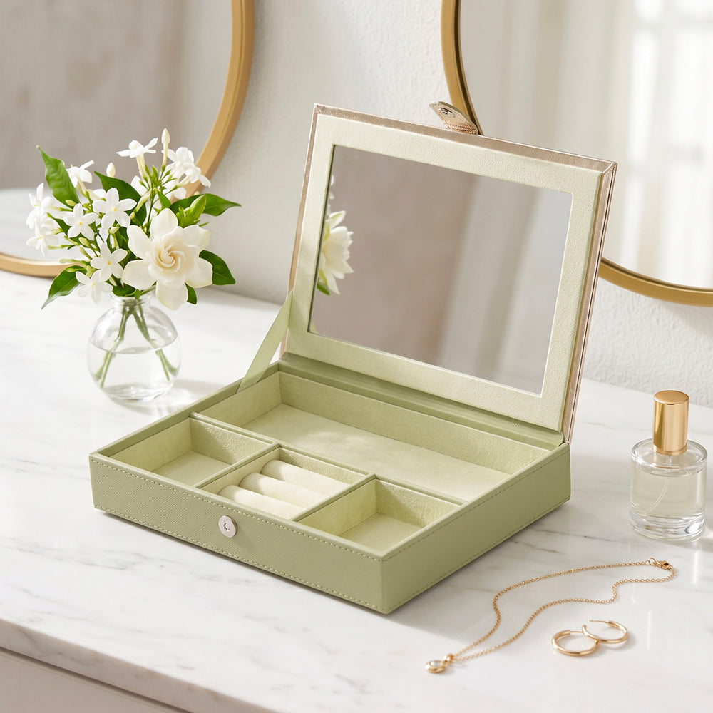 Green Handcrafted Faux Leather Jewellery Box with Gold Accents