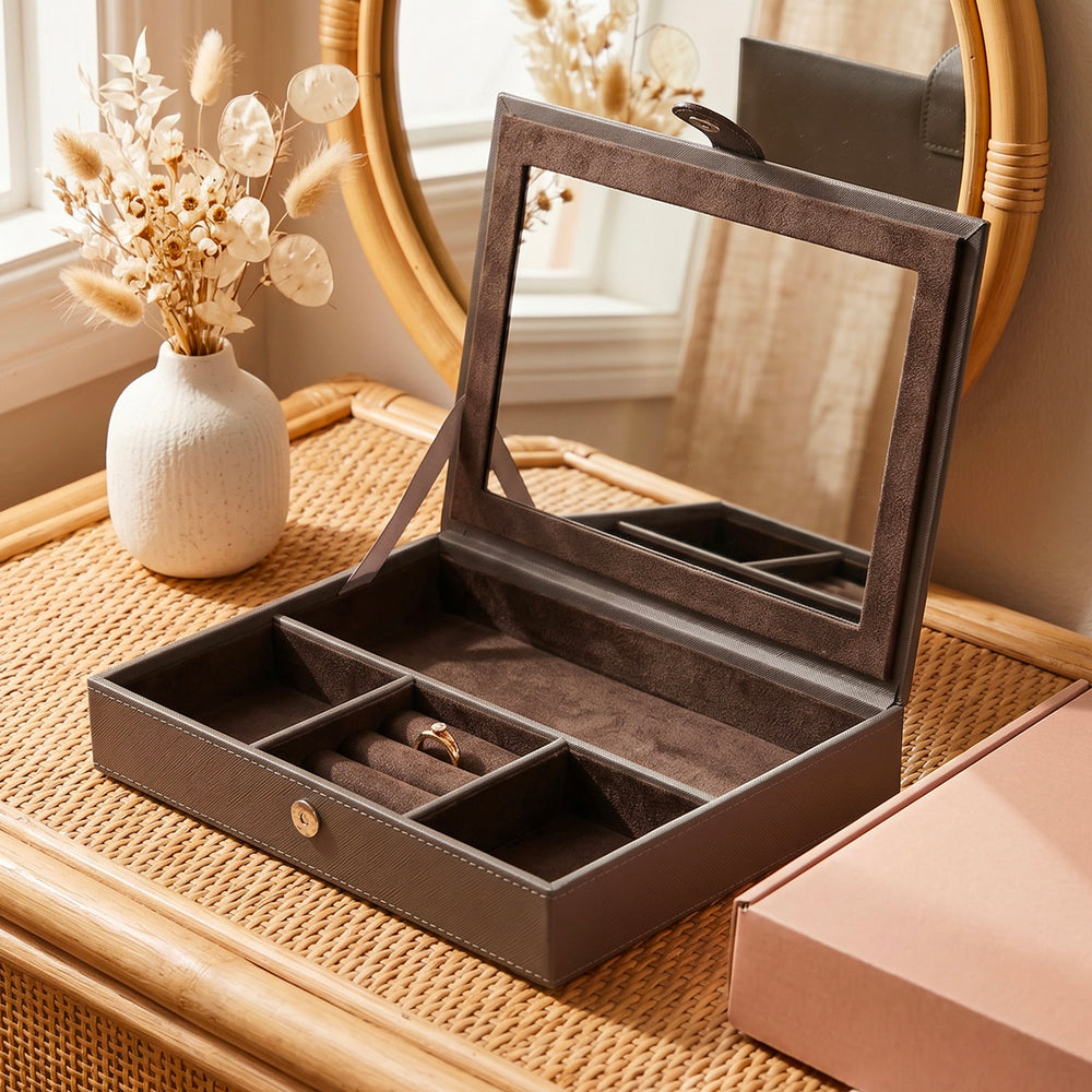 Light Grey Handcrafted Faux Leather Jewellery Box with Gold Accents
