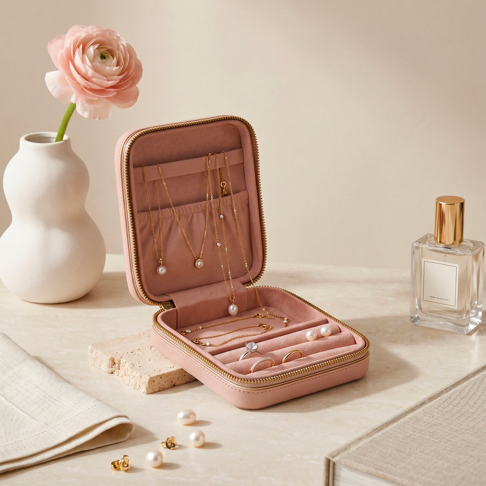 Pink Handcrafted Faux Leather Square Jewellery Box