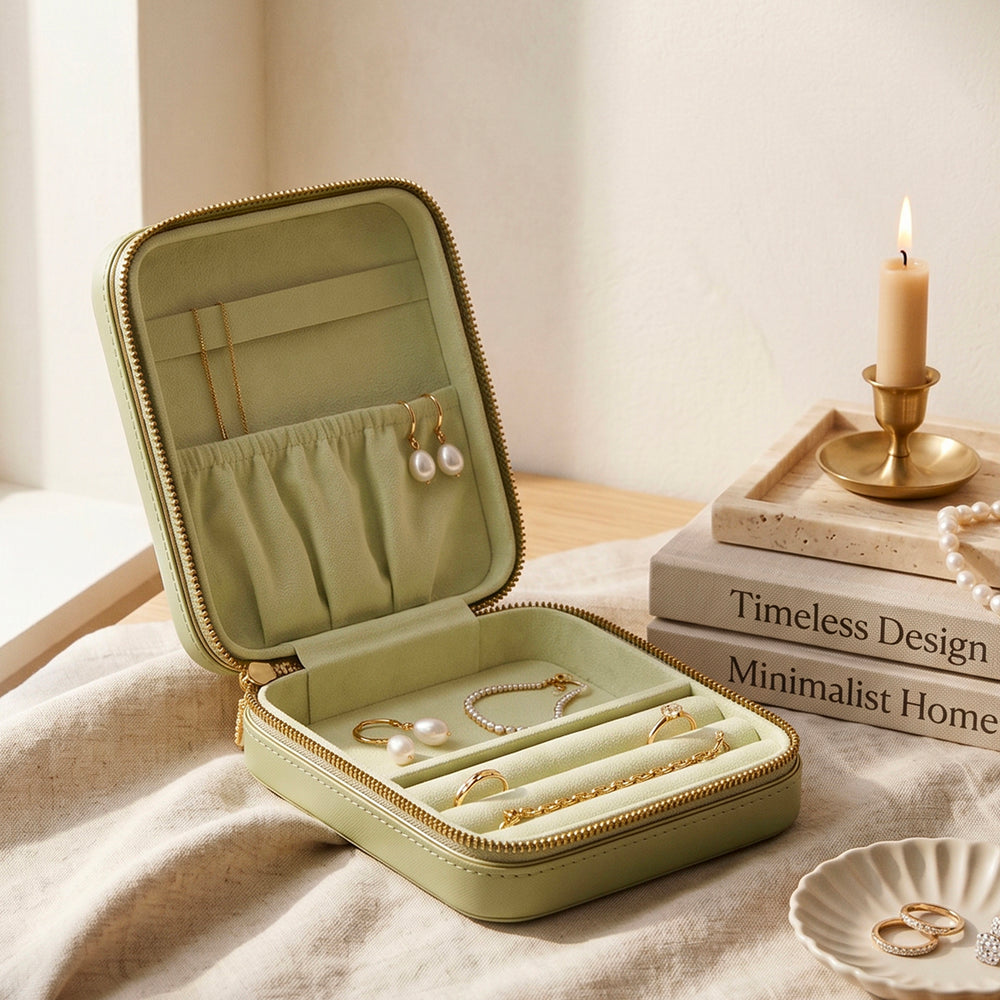 Green Handcrafted Faux Leather Square Jewellery Box