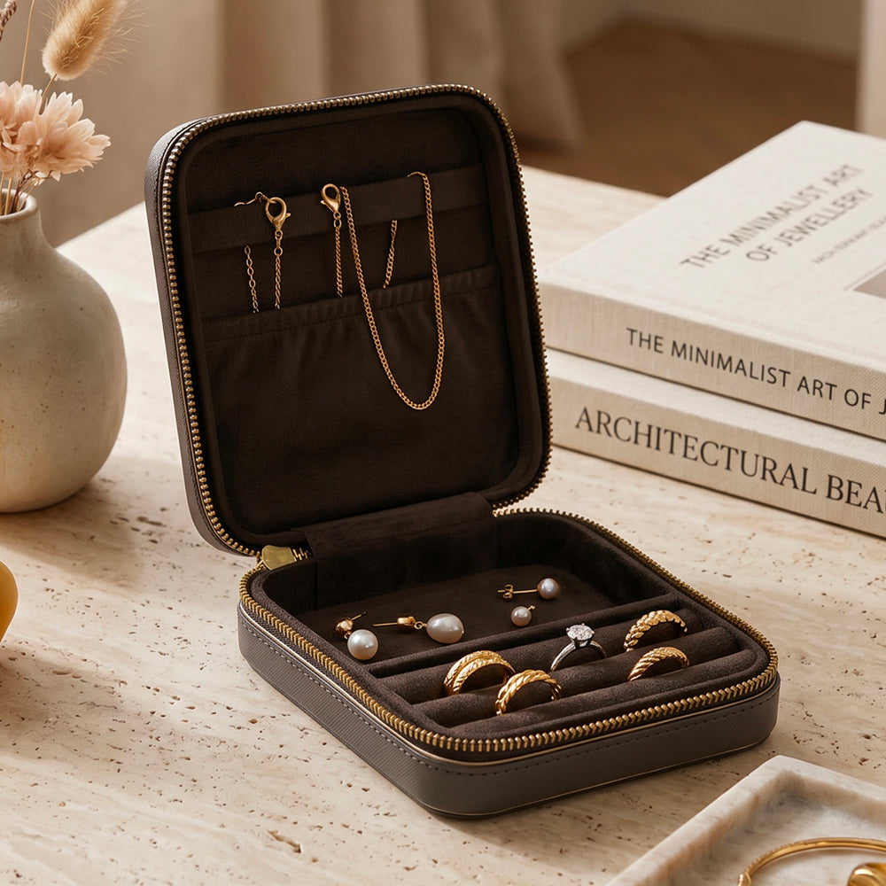 Light Grey Handcrafted Faux Leather Square Jewellery Box with Gold Accents