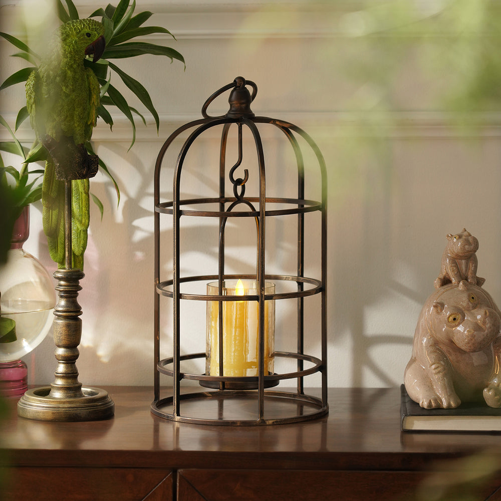 Antique Black Wired Metal Lantern with Glass Candleholder - Large