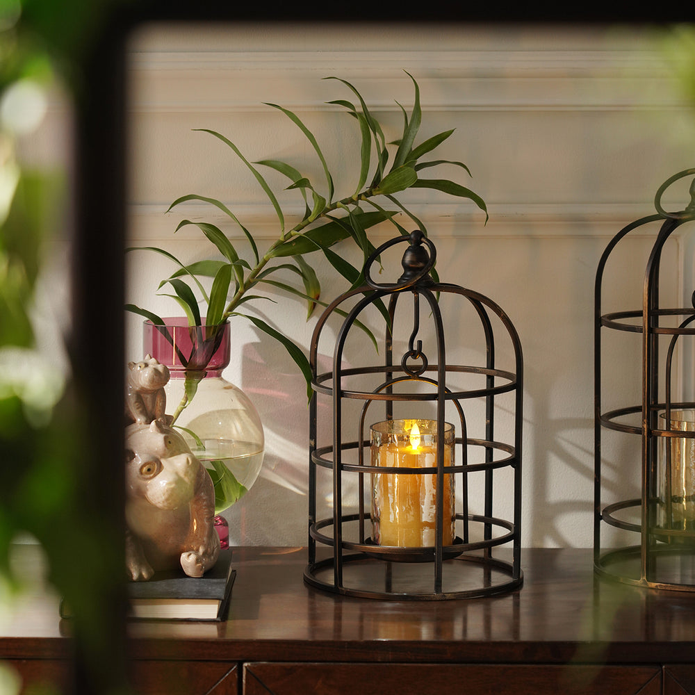 Antique Black Wired Metal Lantern with Glass Candleholder - Small