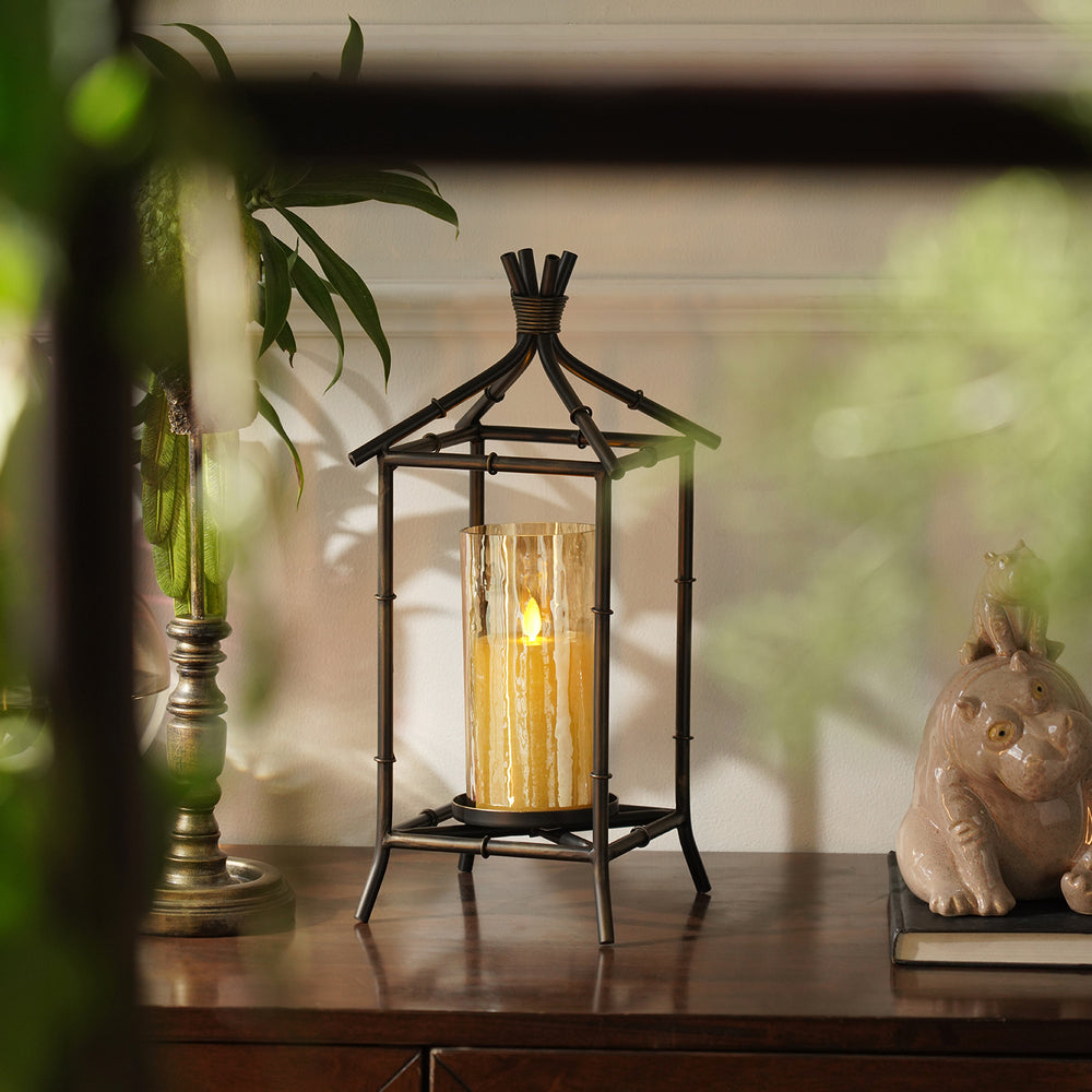 Antique Black Hut Shaped Lantern with Glass Candleholder - Large