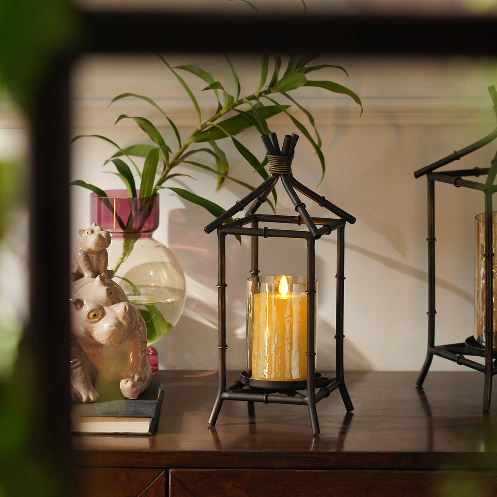 Antique Black Hut Shaped Lantern with Glass Candleholder - Small