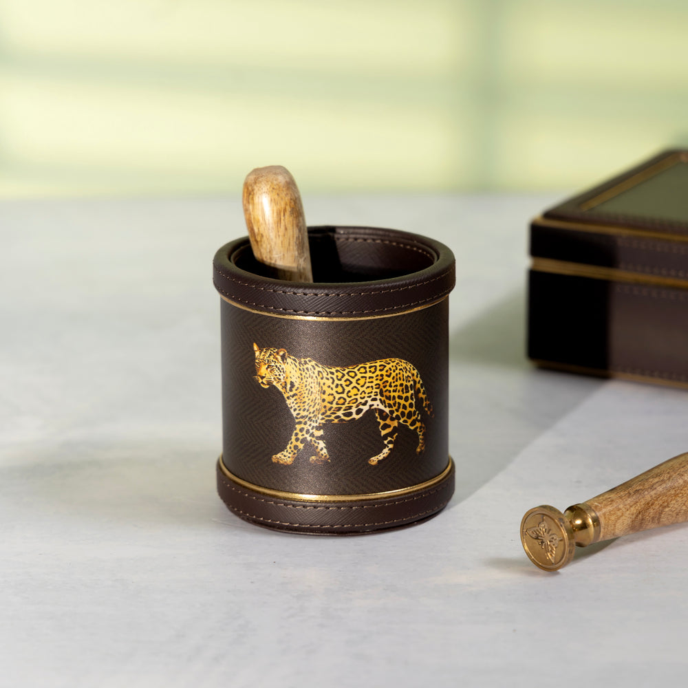 Brown Faux Leather Round Pen Holder