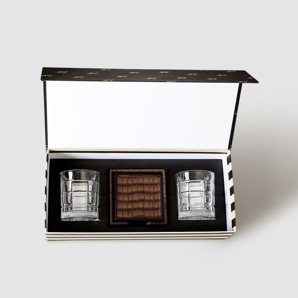 Savannah Clear Textured Whiskey Tumblers & Coasters Gift Set