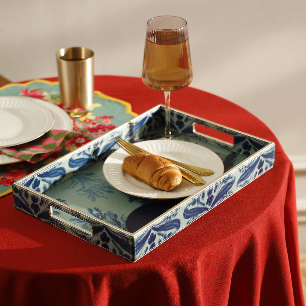 Far East Blue Faux Leather Rectangular Tray
