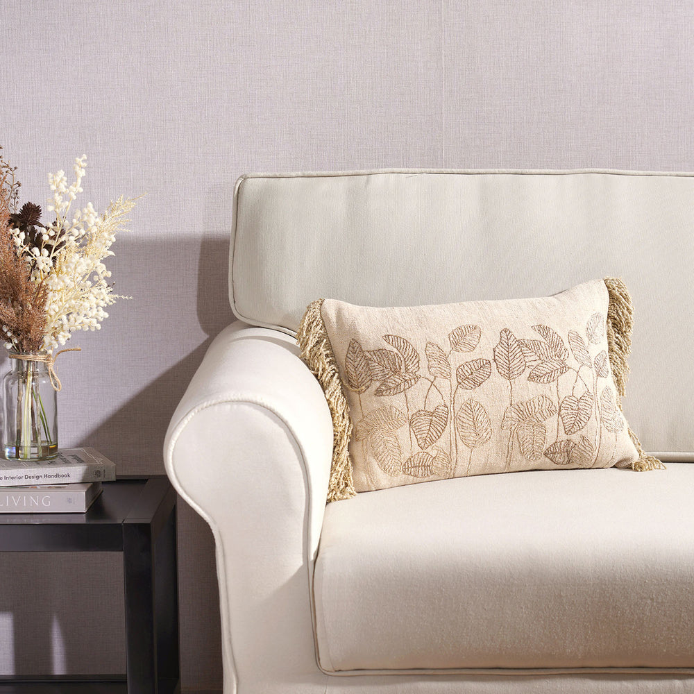 Beige  Gold-Toned Floral Cotton Rectangle Cushion Cover