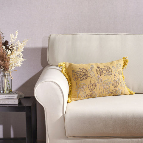Yellow  Silver-Toned Embroidered Rectangle Cushion Cover