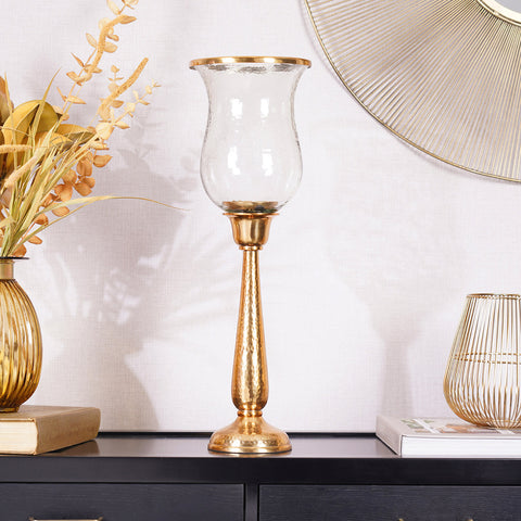Gold-Toned  Transparent Glass Hurricane Candle Holder