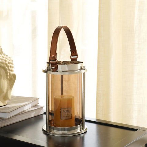 Brown Solid Cruz Metal  Glass Lantern Round Candle Holder