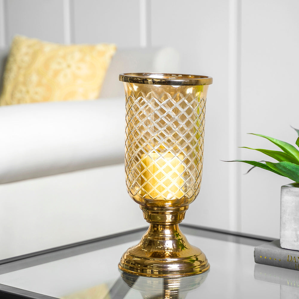 Gold-Toned  Transparent Glass Hurricane Candle Holder