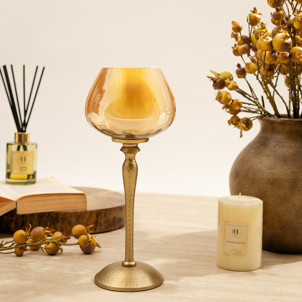 Matte Gold & Light Amber Lustre Glass Votive Candle Holder
