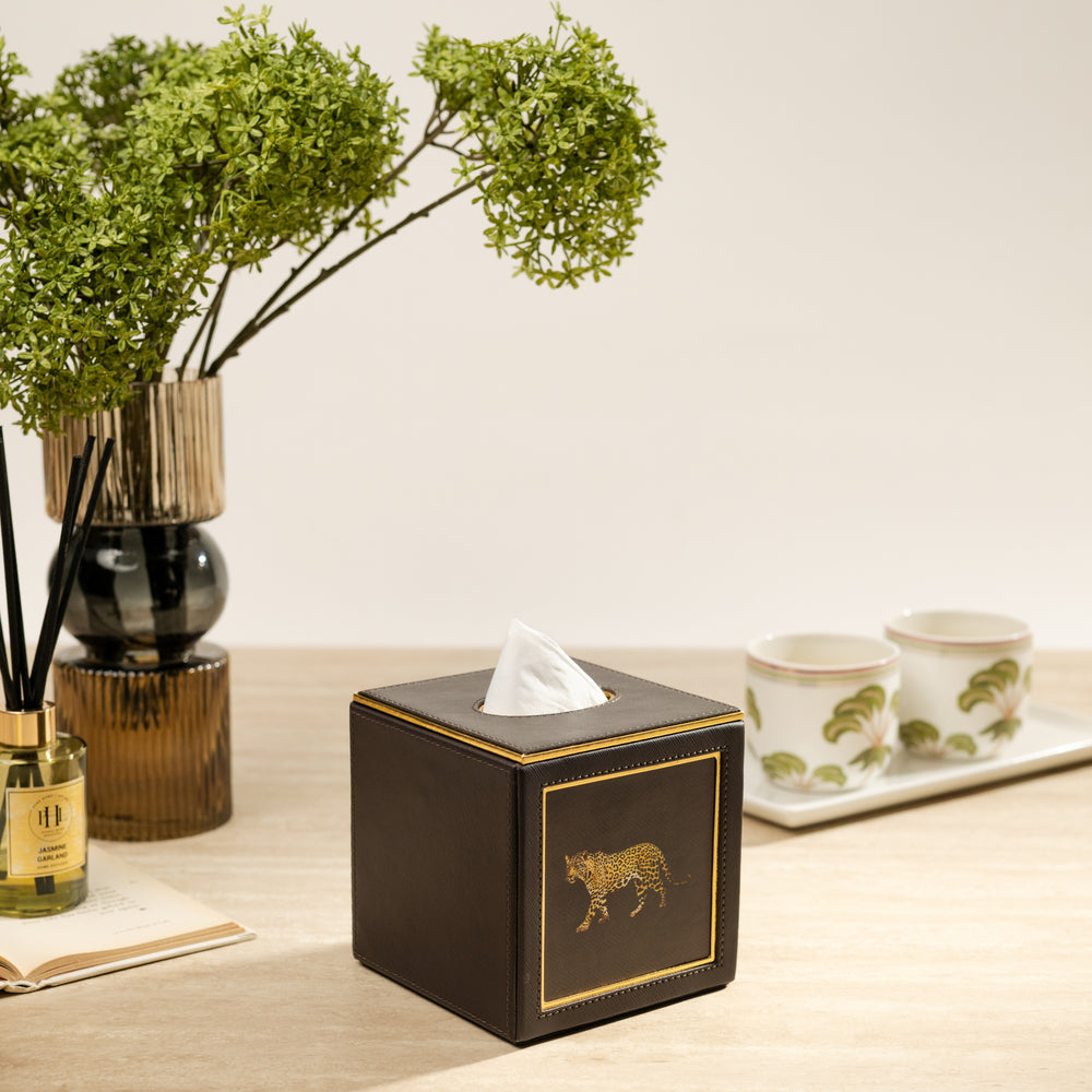 Brown Faux Leather Square Tissue Box