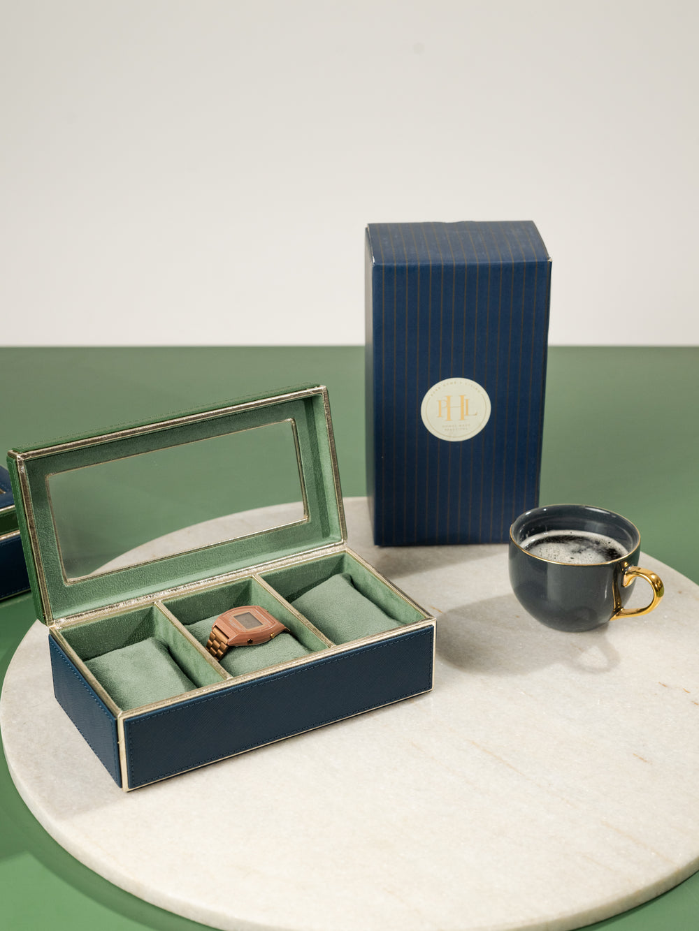 Blue & Green Faux Leather 3-Slot Watch Box
