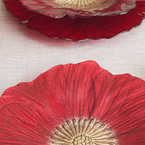 Set of 2 Red Floral Shaped Glass Dessert Plates
