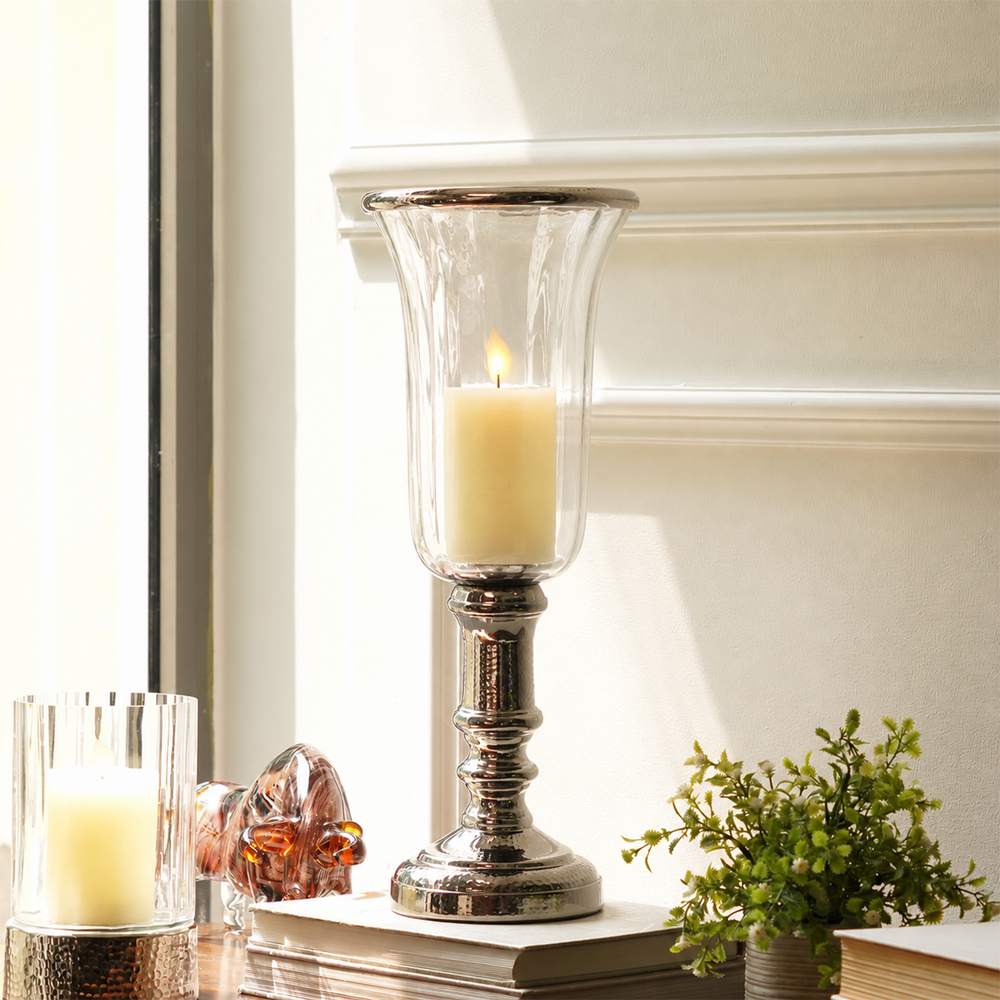 Silver & Clear Glass Hurricane Candle Holder (Small)