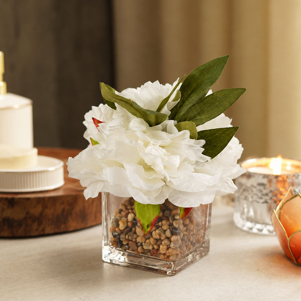White Faux Peony in Glass