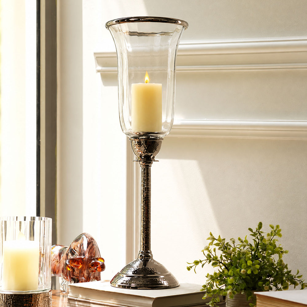 Silver & Clear Glass Hurricane Candle Holder (Medium)