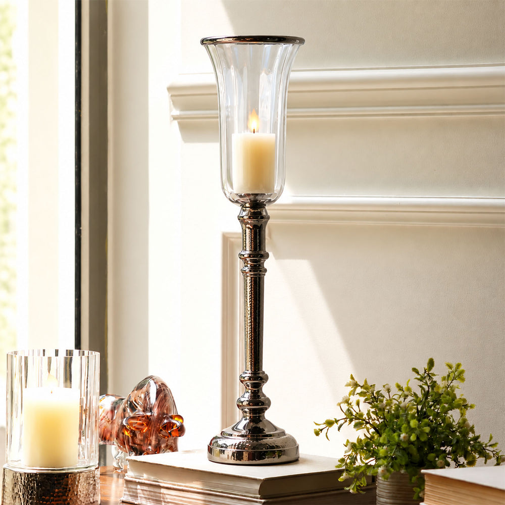 Silver & Clear Glass Hurricane Candle Holder (Large)