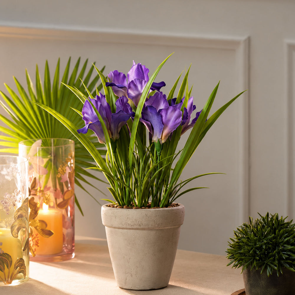 Purple Faux Flowers with Cement Pot