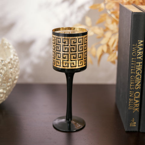 Black & Gold Patterned Glass Candle Holder - Small