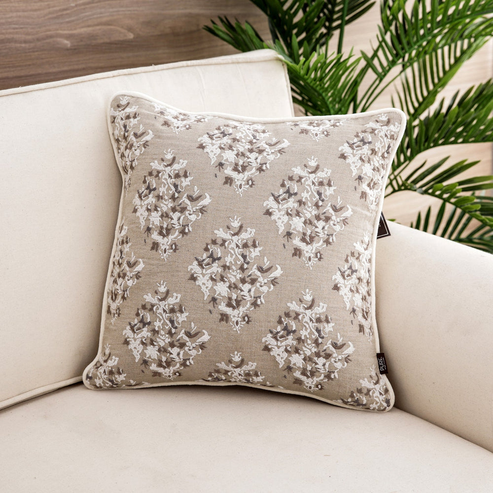 Grey White Ethnic Motifs Linen Square Cushion Cover