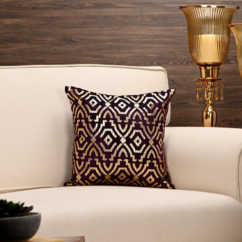 Purple Foil Printed Cushion With Geometric Motif