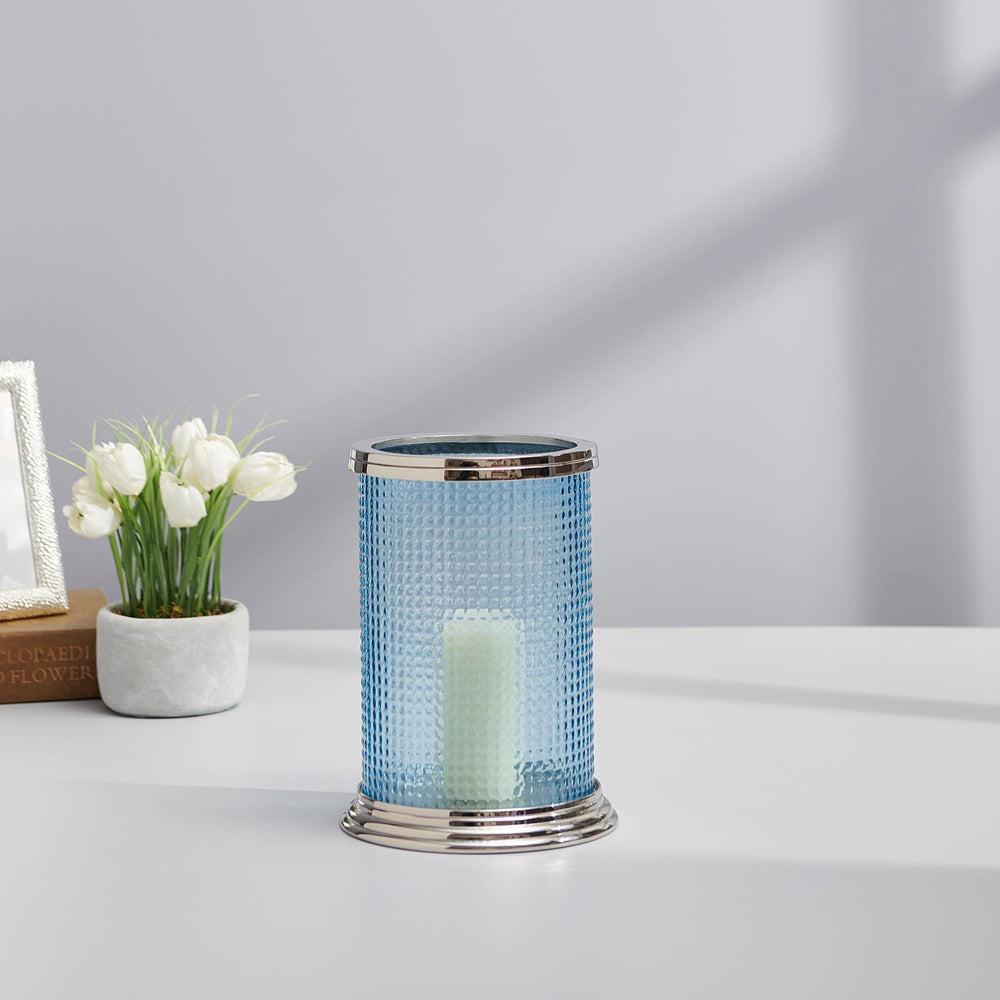 Blue Glass Cylindrical Hurricane Candle Holder