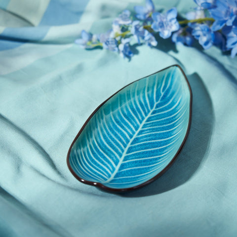 Light Blue Crackled Leaf Ceramic Platter